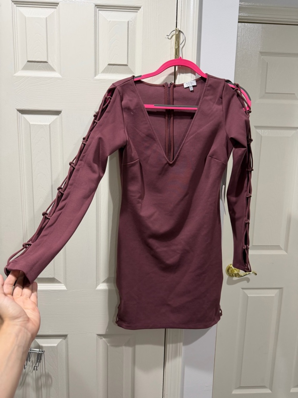 Tobi Plum Lace-Up Sleeve V-Neck Mini Dress